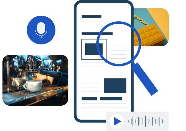 An illustration of a voice search concept featuring a magnifying glass over a digital document, a microphone icon, a cup of coffee under a coffee machine, and a yellow purse, representing various businesses optimized for voice search by Signa Marketing.