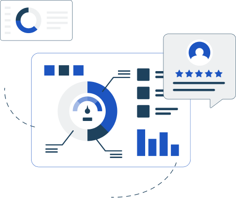 An illustration of an SEO analysis dashboard displaying charts, graphs, and a performance gauge, alongside a speech bubble with a five-star user review, representing Signa Marketing's free SEO analysis report.