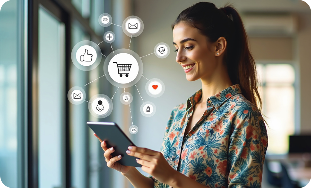 A smiling woman with a ponytail holds a tablet, surrounded by floating icons representing paid media elements such as email, social media, and a shopping cart. The image reflects Signa Marketing's expertise in crafting targeted paid media strategies to help businesses maximize ROI and grow their online presence.