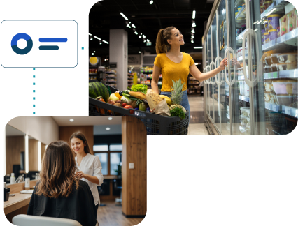 A woman in a yellow shirt shops for groceries, opening a refrigerated display, while another woman consults a hairstylist in a salon, representing local businesses supported by Signa Marketing’s mission to drive growth through online marketing strategies.