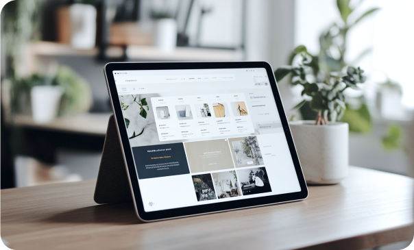 Tablet displaying a modern, clean website interface with various design elements, sitting on a wooden table next to a potted plant. This image represents Signa Marketing's Custom WordPress Website services, showcasing personalized website solutions, custom themes, and functionalities designed to engage audiences and meet business goals.