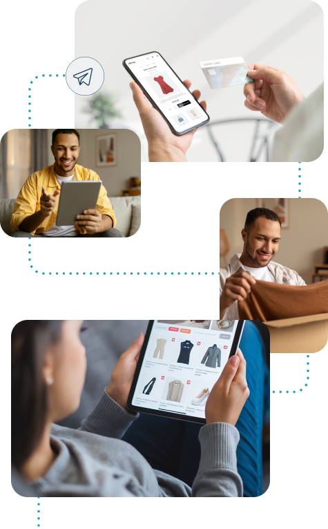 An illustration of Signa Marketing's custom e-commerce solutions, featuring users browsing and purchasing products online, receiving deliveries, and interacting with tailored Shopify stores. The visuals emphasize seamless online shopping and store customization.