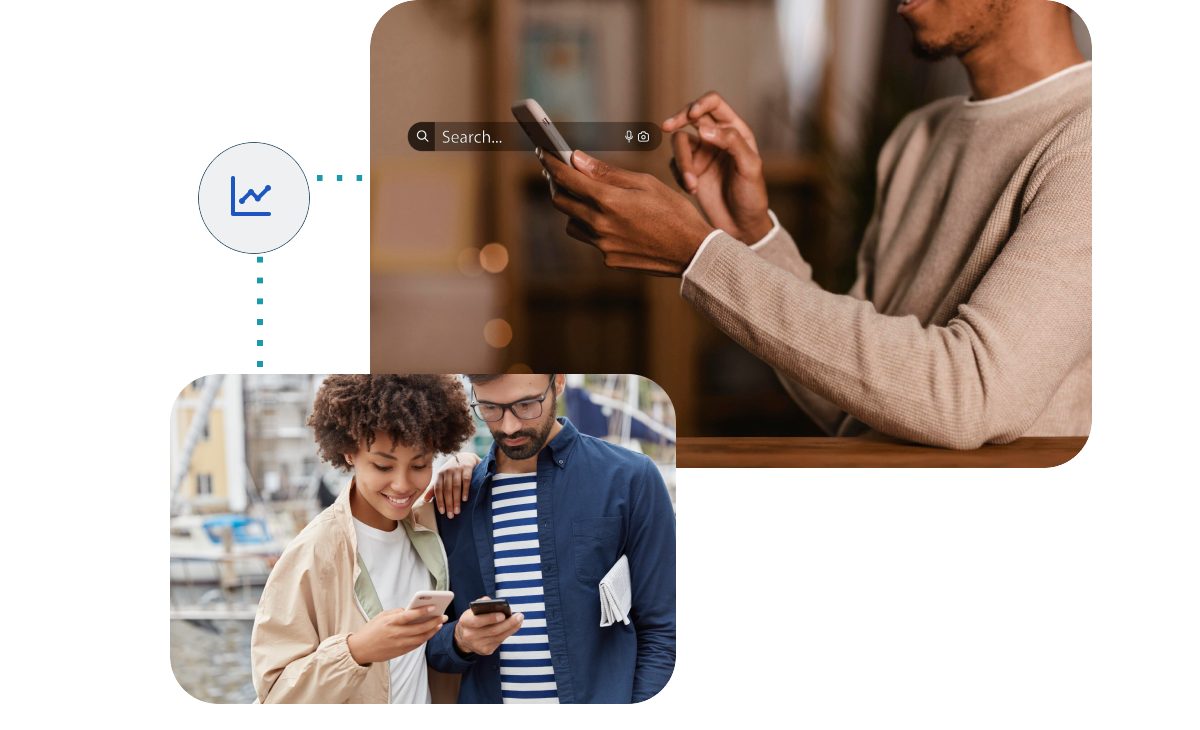 An illustration of Signa Marketing's Local SEO services, featuring users searching on their smartphones and engaging with local search results. The visuals highlight connecting with the local community and driving traffic through optimized online presence.