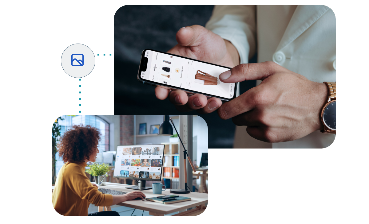 An illustration of Signa Marketing's paid search services, featuring a hand browsing products on a smartphone and a professional analyzing visuals on a desktop. The visuals emphasize targeted campaigns driving traffic and conversions.