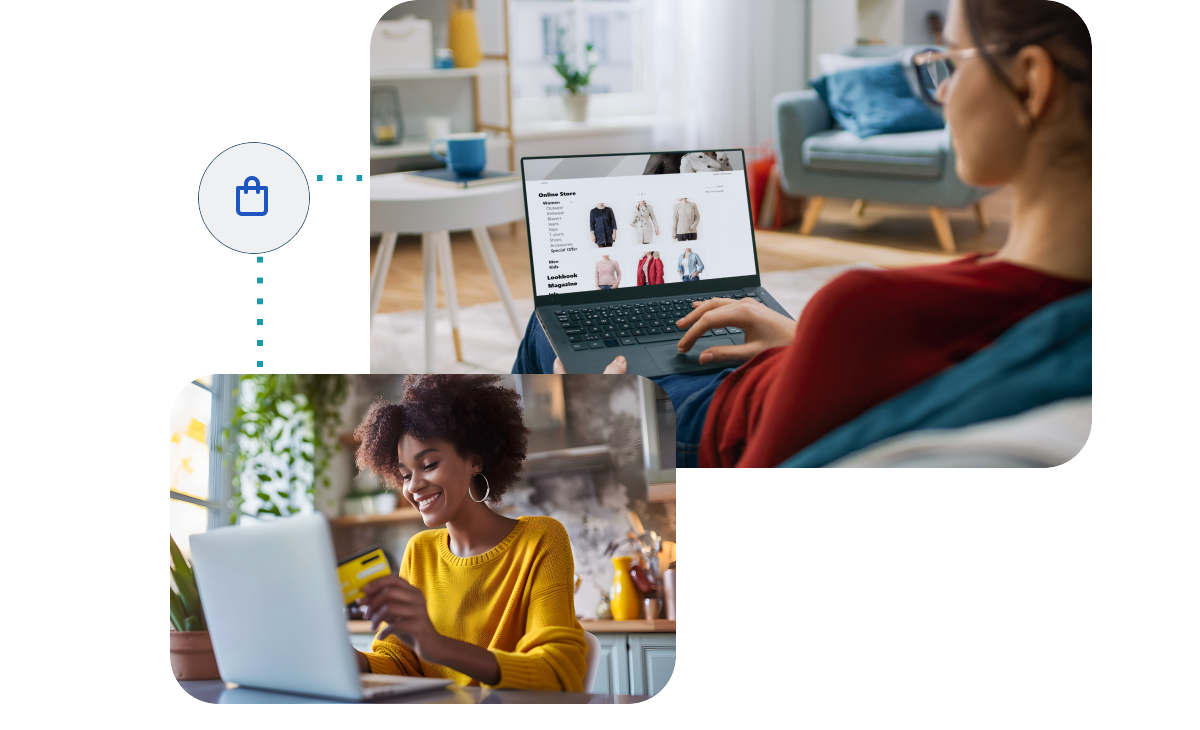 An illustration of Signa Marketing's e-commerce solutions, featuring users browsing an online store and making a purchase. The visuals emphasize enhancing shopping experiences and driving sales.