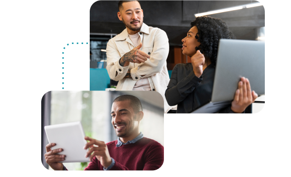 Two collaborative professionals discussing ideas with a laptop and another individual engaging with a tablet. The visuals represent Signa Marketing's culturally relevant strategies tailored to connect brands with the growing Hispanic audience, emphasizing authentic engagement and brand loyalty.