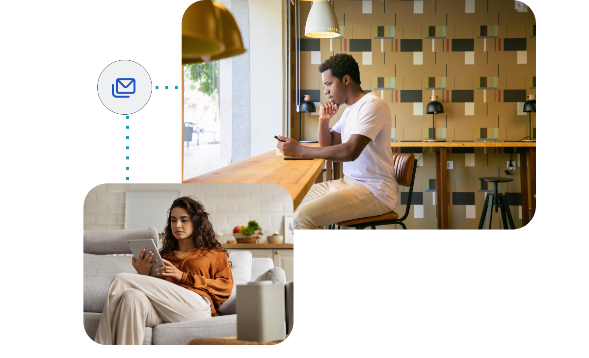 A visual representation of Signa Marketing's lifecycle and email automation services. The image features a young man seated at a stylish café counter, thoughtfully engaging with his smartphone, and a woman sitting comfortably on a couch at home, interacting with a tablet. These scenes symbolize personalized and consistent communication across different settings. An icon of an envelope highlights the focus on email automation, reflecting Signa Marketing's expertise in optimizing customer journeys and creating meaningful, goal-aligned interactions for medium to large-sized businesses.