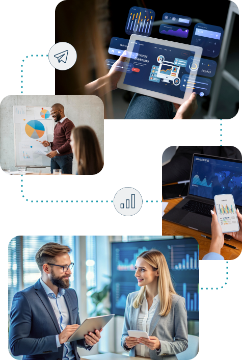 An illustration of Signa Marketing's data-driven approach to Conversion Rate Optimization, featuring professionals analyzing charts, discussing data, and using analytics tools. The visuals emphasize user behavior insights and impactful changes.