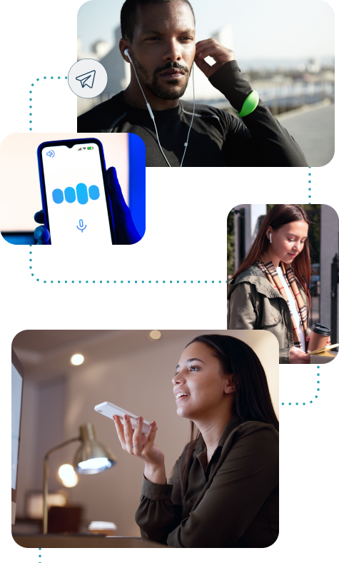 An illustration of Signa Marketing's voice search optimization approach, featuring users engaging with voice assistants on phones and smart devices. The visuals emphasize identifying conversational keywords to enhance search visibility.