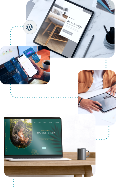 An illustration of Signa Marketing's custom WordPress development process, featuring tailored website designs on tablets, laptops, and desktops. The visuals emphasize unique, user-friendly, and brand-aligned themes.