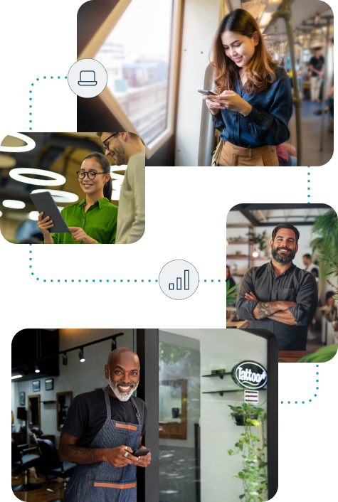 A visual depiction of Signa Marketing's holistic inbound marketing framework, showcasing diverse professionals in various settings. The image includes a young woman engaging with content on her smartphone during a commute, a team collaborating while reviewing data on a tablet, a confident small business owner in a vibrant café, and a smiling barber standing proudly in front of his shop. The interconnected visuals represent adaptability and scalability, highlighting how Signa Marketing's inbound marketing strategies are designed to attract, engage, and delight audiences while supporting business growth.
