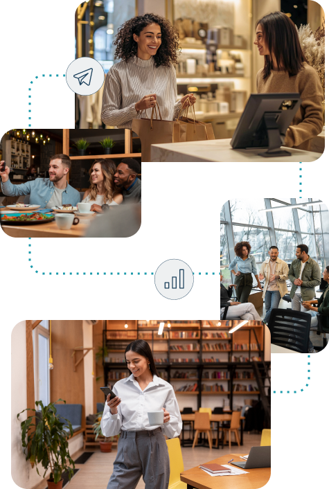 An illustration of Signa Marketing's email automation framework, showing a shopper at checkout, friends dining, a team collaborating, and a professional reviewing her phone. The scenes highlight onboarding, engagement, and retention, emphasizing seamless, personalized customer experiences.