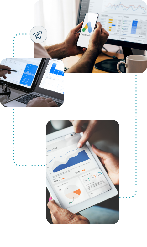 An illustration of Signa Marketing's paid search strategy, featuring professionals analyzing Google Ads and performance data on laptops and tablets. The visuals emphasize identifying high-value keywords to drive quality traffic.