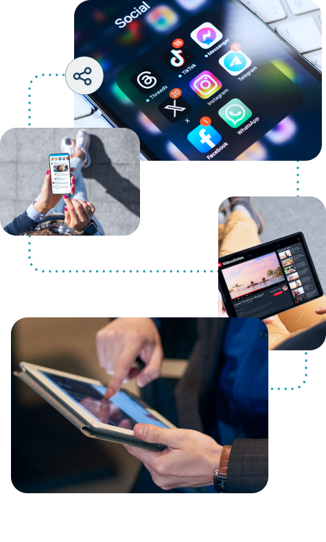 An illustration of Signa Marketing's paid social advertising approach, featuring social media app icons, a user scrolling on a phone, and interactions on tablets. The visuals highlight advanced audience targeting techniques.