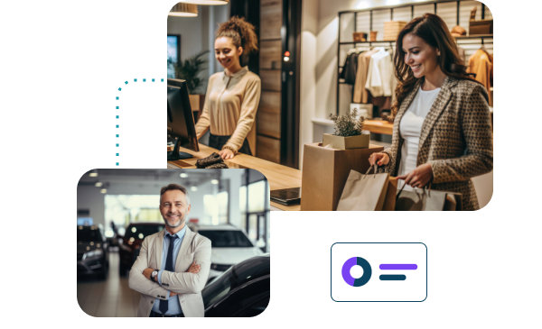 A visual representation of Signa Marketing's expertise in search engine optimization for medium to large-sized businesses. The image features a professional in a modern car showroom, symbolizing confidence and success, alongside scenes of a retail cashier assisting a customer and a shopper carrying bags, representing commerce and customer engagement. An icon in the bottom-right corner emphasizes data-driven strategies and growth, reflecting Signa Marketing's focus on visibility, high-quality traffic, and impactful conversions.