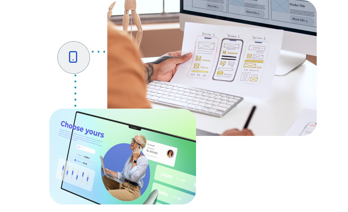 An illustration of custom WordPress website design, featuring wireframe sketches and a modern website mockup on a screen. The visuals highlight tailored solutions for enhancing online presence.