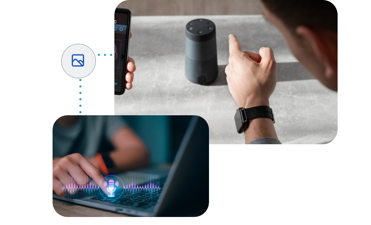 An illustration of Signa Marketing's voice search optimization services, featuring a person interacting with a smart speaker and a voice command interface on a laptop. The visuals emphasize adapting to emerging search trends.