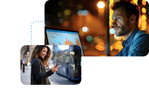 A man working late at his computer analyzing marketing data, with a woman smiling while using her phone in a city setting, visually representing client engagement and data-driven success. The dotted line connects the two, symbolizing the strategic connection between Signa Marketing’s tailored solutions and client outcomes. This image supports the theme of Signa Marketing’s case studies, which highlight innovative marketing strategies that have delivered measurable success.