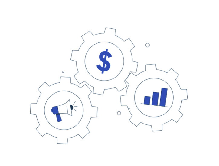 Interlocking gears with paid media, content, and analytics icons, showing marketing specialists working together