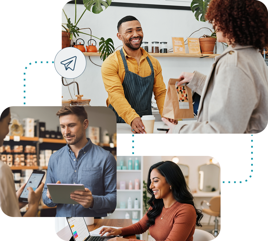 Business professionals connected by dotted lines, representing an integrated inbound marketing strategy